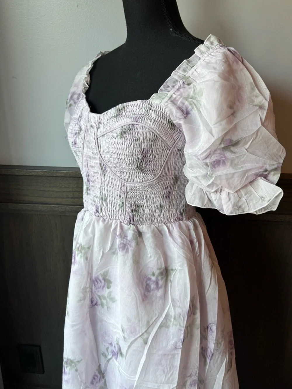 Whimsical Lavender Floral Off-Shoulder Maxi Dress with Smocked Bodice NWT XL - Picture 7 of 10